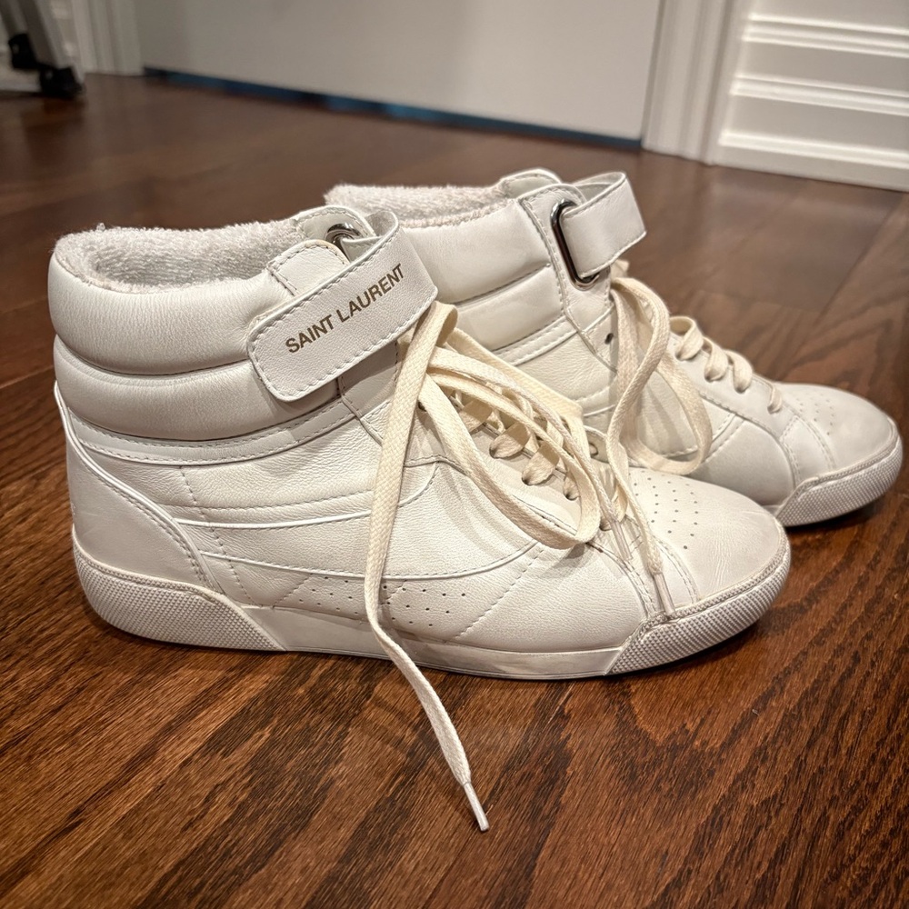 Saint Laurent Lenny leather distressed high-top sneakers - size 35.5